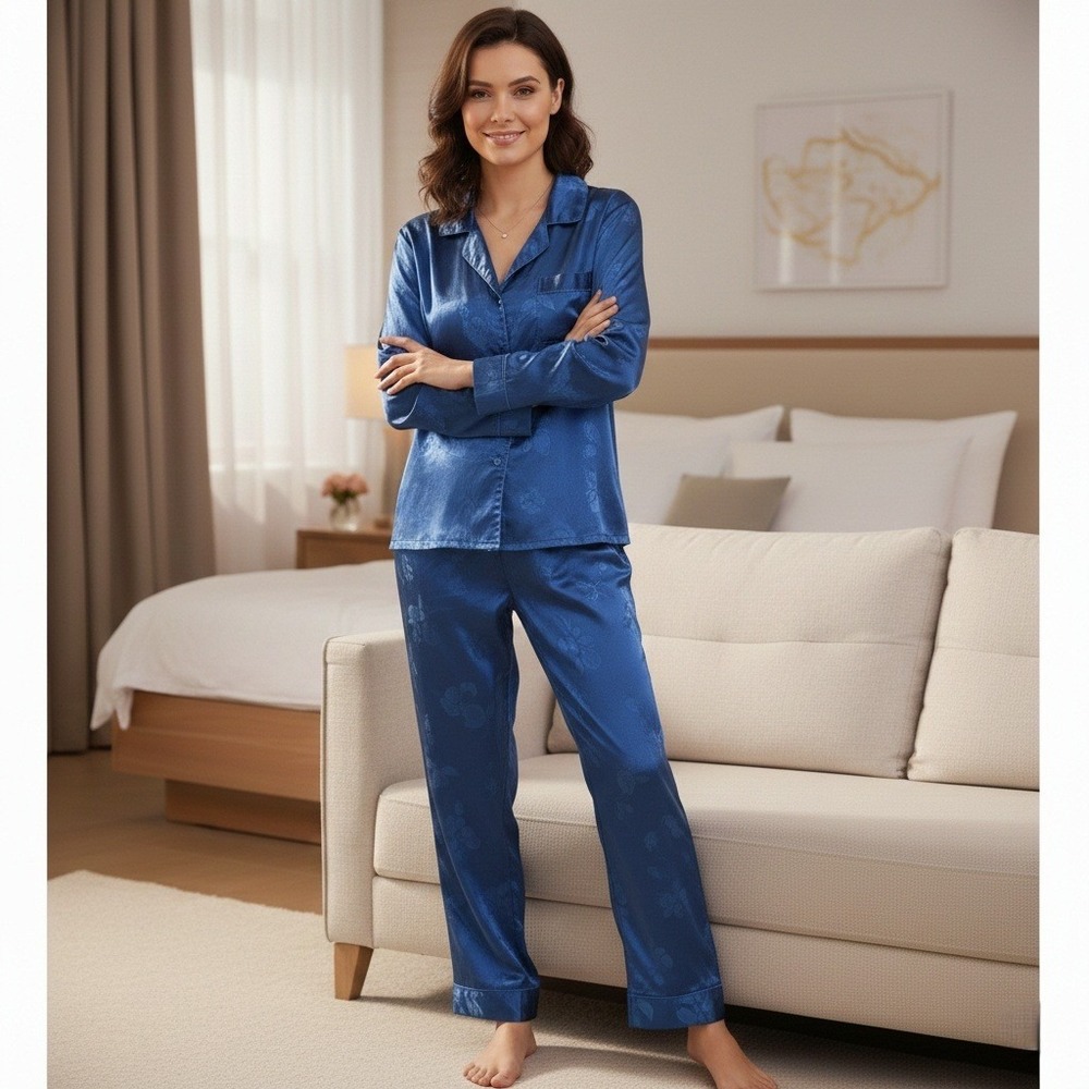 Kay Anna Satin Pajamas Set Women's Sz M Blue Floral 2 Piece Pants Top Loungewear